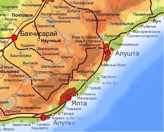 Карта южного побережья крыма