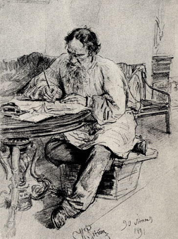 Описание: 7. И. Репин. Л. Н. Толстой за работой. 1891. Карандаш