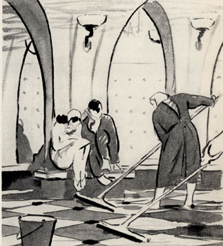 Описание: 5. Л. Сойфертис. Уборка вестибюля. 1957. Черная акварель