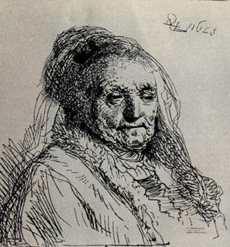 Описание: 3. Рембрандт. Портрет матери. 1628. Офорт