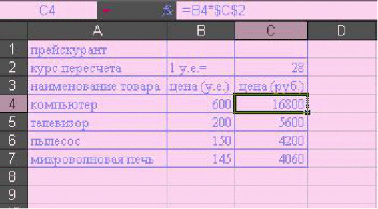 Пересчет курса. Курс пересчета. Рассчитайте таблицу, применяя абсолютную и относительную адресации.