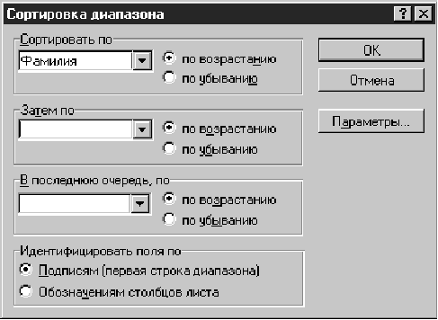 Сортировка по фамилии. Сортировка диапазона. Индефицировать поля по сортировка индефицировать диапазона. Идентифицировать поля по подписям. Идентифицировать поля по подписям excel 2016.