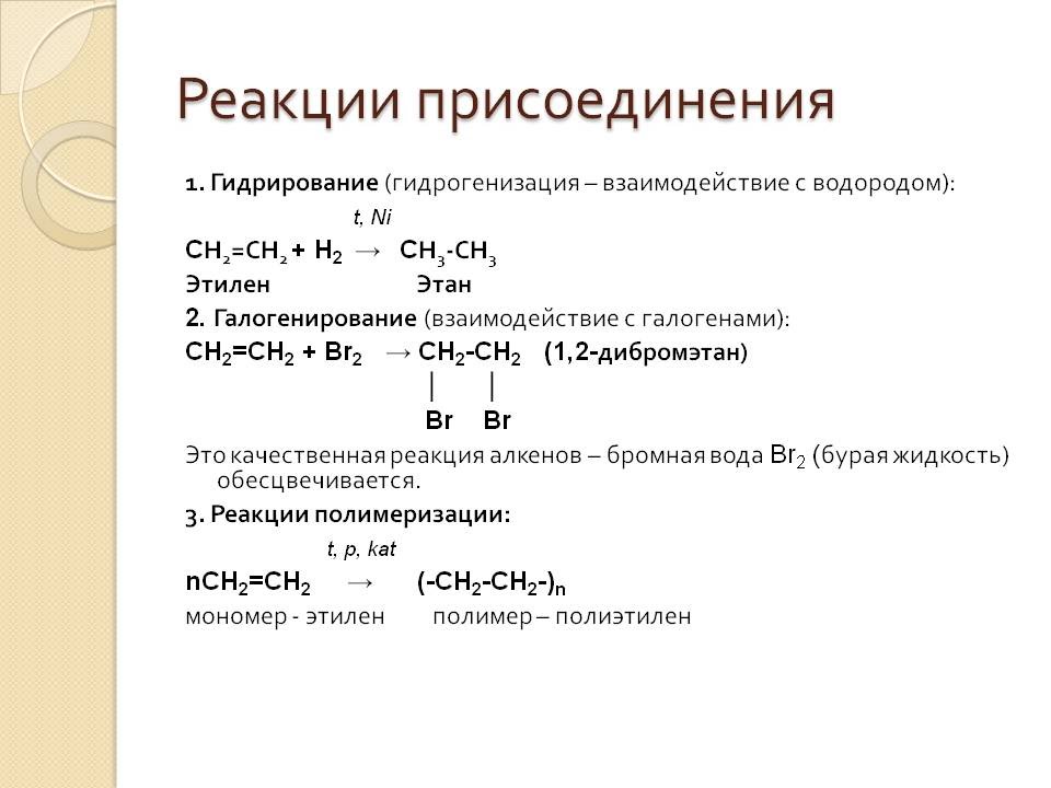 Реакциям гидрирования соответствуют процессы схемы которых этен полиэтилен