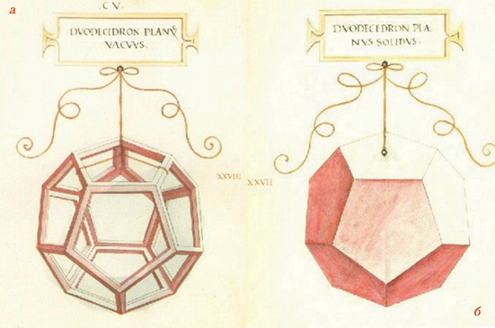 Изображения леонардо да винчи додекаэдра методом жестких ребер а и методом сплошных граней б