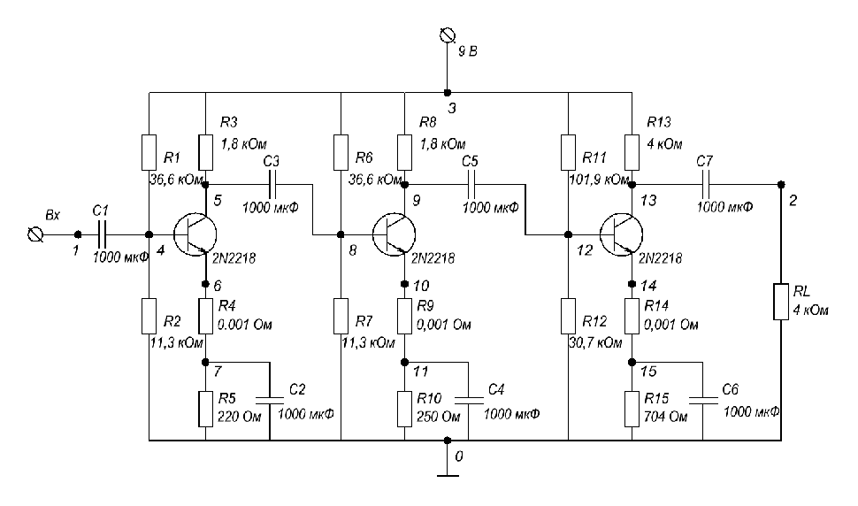 Схема двухкаскадного усилителя на биполярном транзисторе