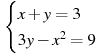 \begin{cases} x+y=3 \\ 3y-x^2=9 \end{cases}