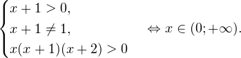 \[ \begin{cases} x+1>0, \\ x+1\ne 1,\\ x(x+1)(x+2)>0 \end{cases}\Leftrightarrow x\in (0;+\mathcal{1}). \]