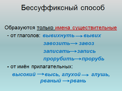 Русский язык способ. Безсуффиксальный способ словообразования примеры. Безсуфиксныйспособ образования слова. Бессуффиксный способ образования слов примеры. Словообразование бессуффиксный.