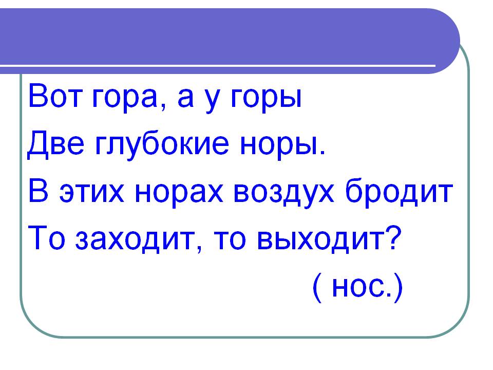 Вот гора, а у горы Две глубокие норы. В этих норах воздух бродит То заходит, то выходит? ( нос.).